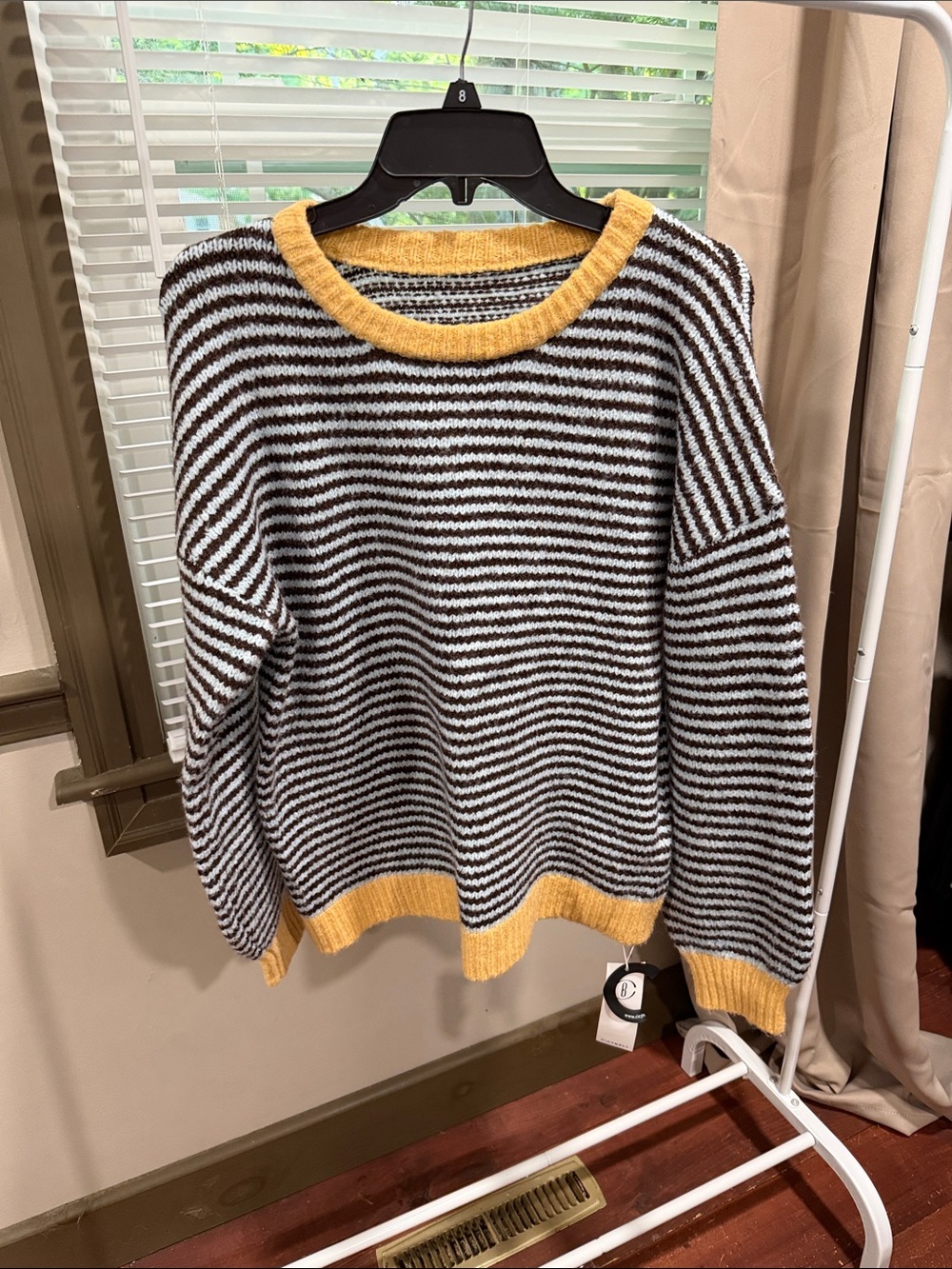 Amazon Black & White Striped Crewneck Sweater with Yellow Trim